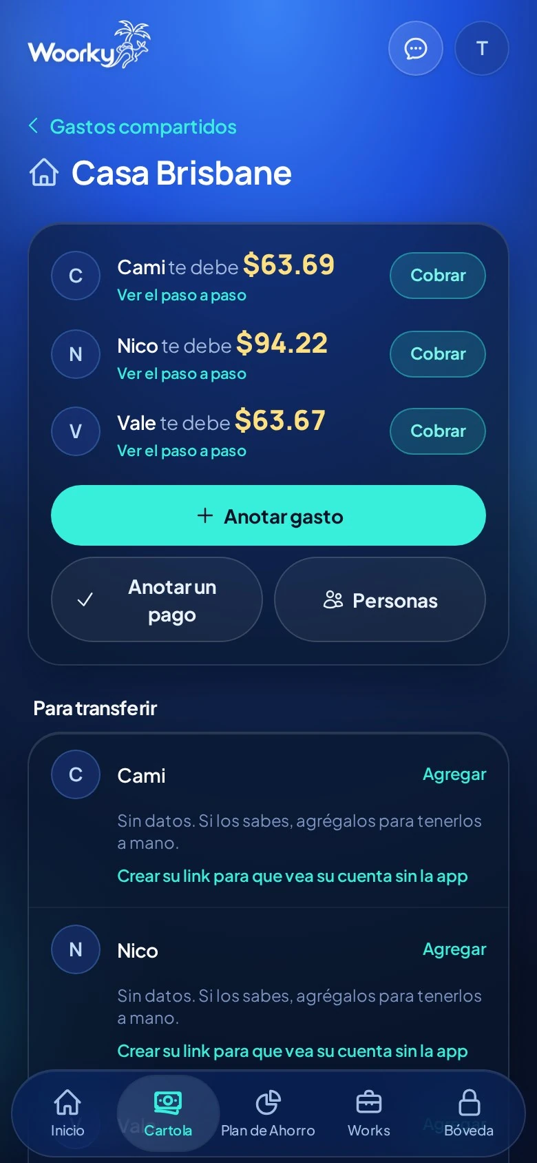 Pantalla real de un grupo de gastos compartidos en Woorky